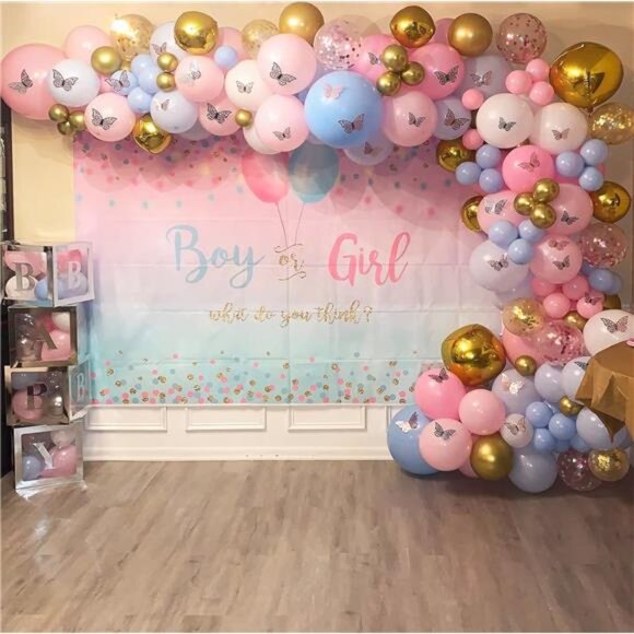 Boy or Girl Gender Reveal Decoration, Blue or Pink Dots Balloon Party Backdrop - Picture 2 of 7